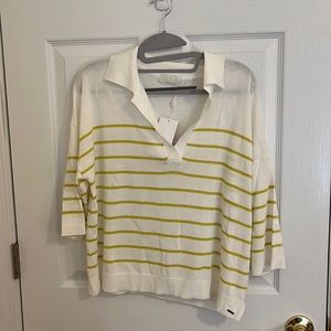 Q2 Striped V-Neck Collared Dolman 3/4 Sleeve Crop Blouse Shirt. Size 4 (M). NWT